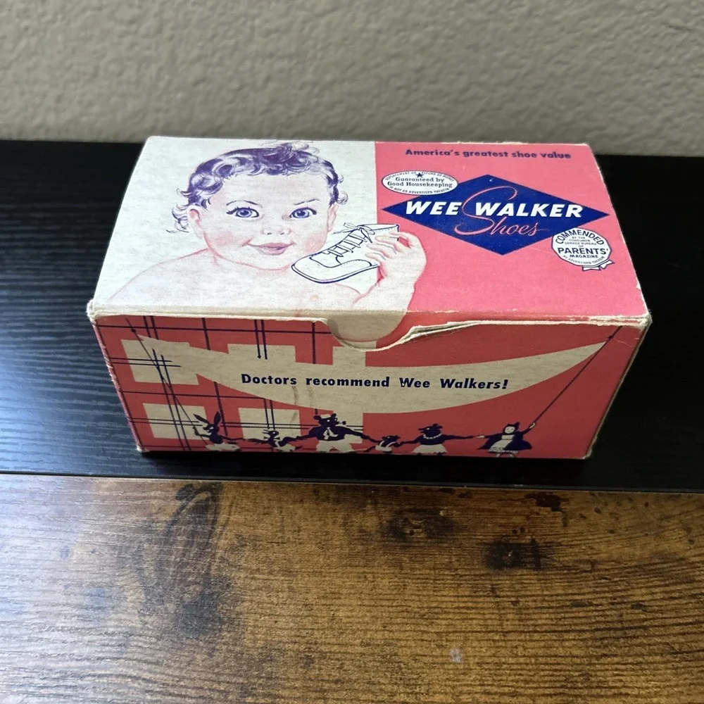 1960s Walker Baby Shoes Pair Original Box Vtg White Leather 220-149 Size 1, Used